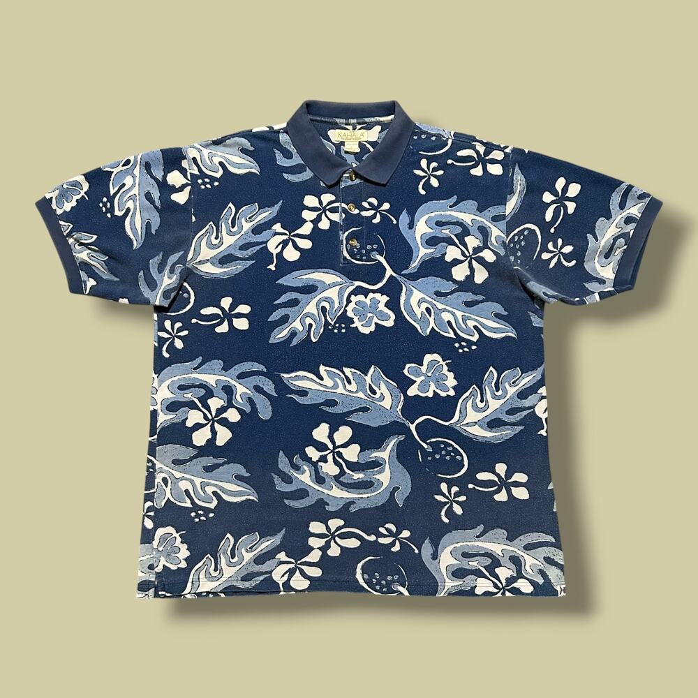 Vintage 90s Polo Shirt Hawaiian Print Faded Blue Preppy Collared Kahala Large